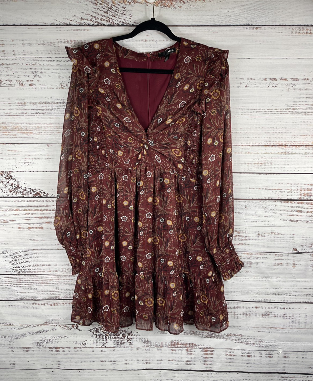 Aqua Dress Women's Large Burgundy Floral Long Sleeve Boho Ruffle Metallic Fall